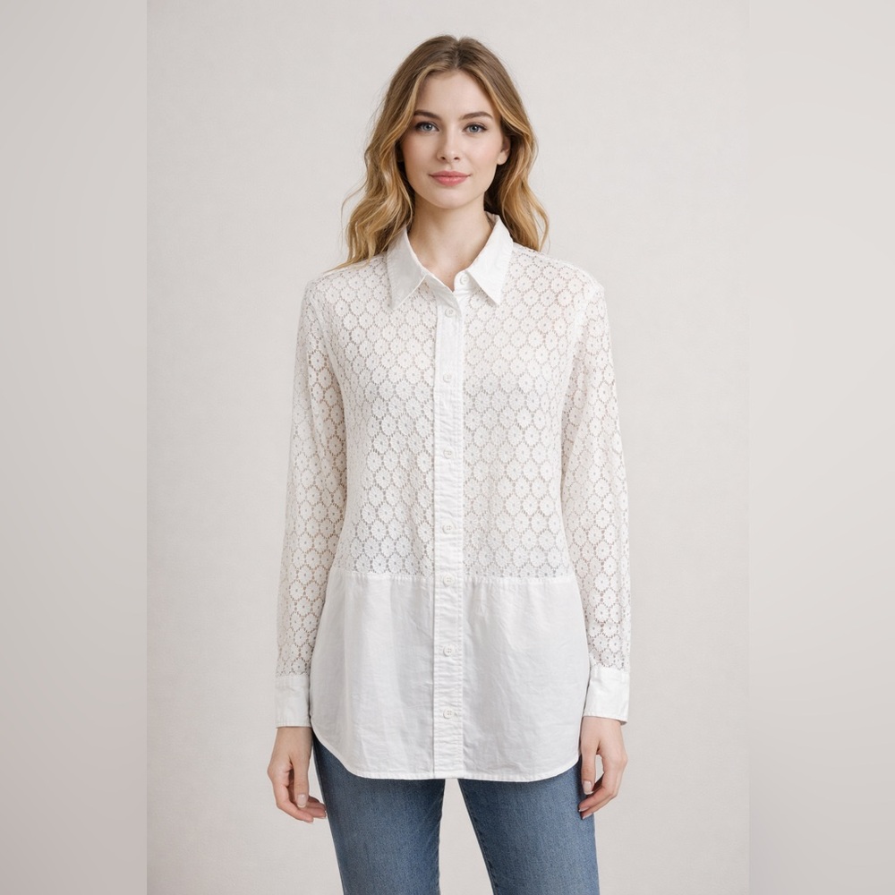 Equipment White Cotton‎ Blend Eyelet Lace Button-Down Shirt Large